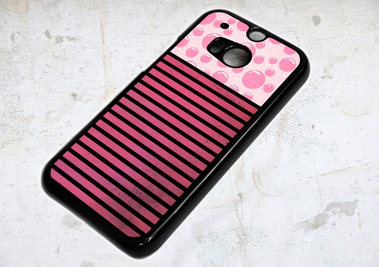 Htc One M8 Pink Bubbles And Geometric Lines On Dark Red Background Case
